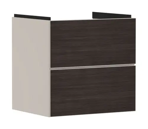 Waschtischunterschrank in Sandbeige Matt mit zwei Schubkästen. Der Schrank bietet Stauraum und ist geeignet für die Montage mit Waschtischen der Marke Hansgrohe.